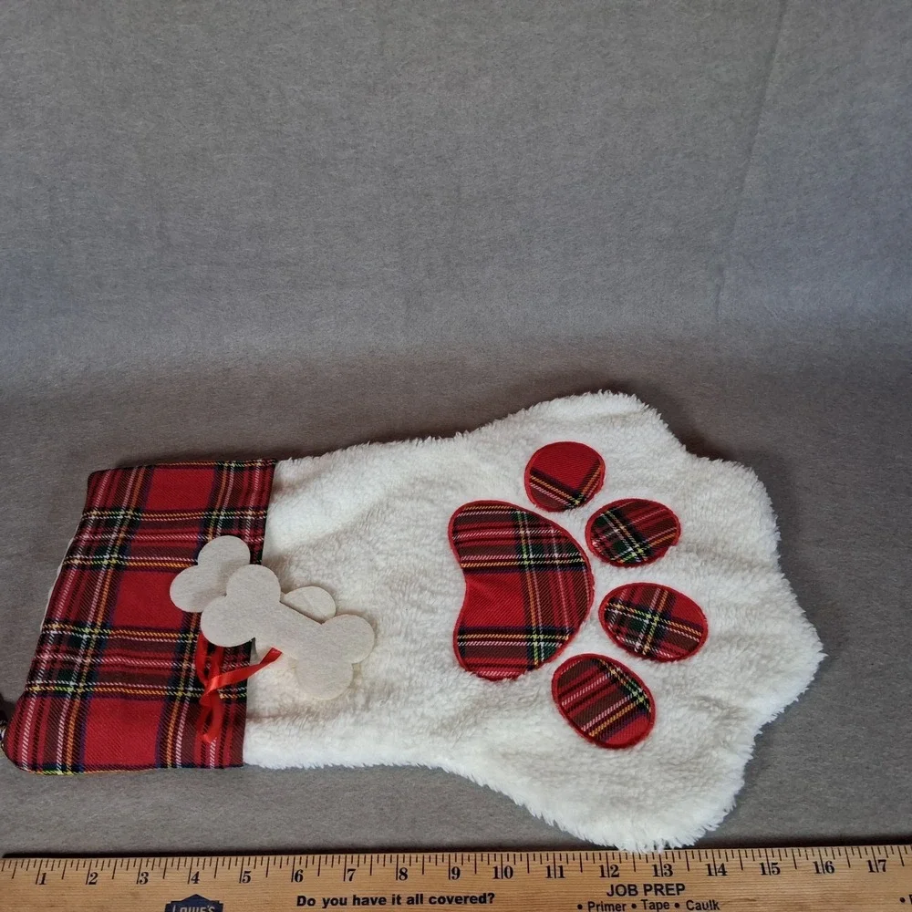 Red Plaid Dog Paw Christmas Stocking Sherpa Fleece with Bone Charms Holiday
